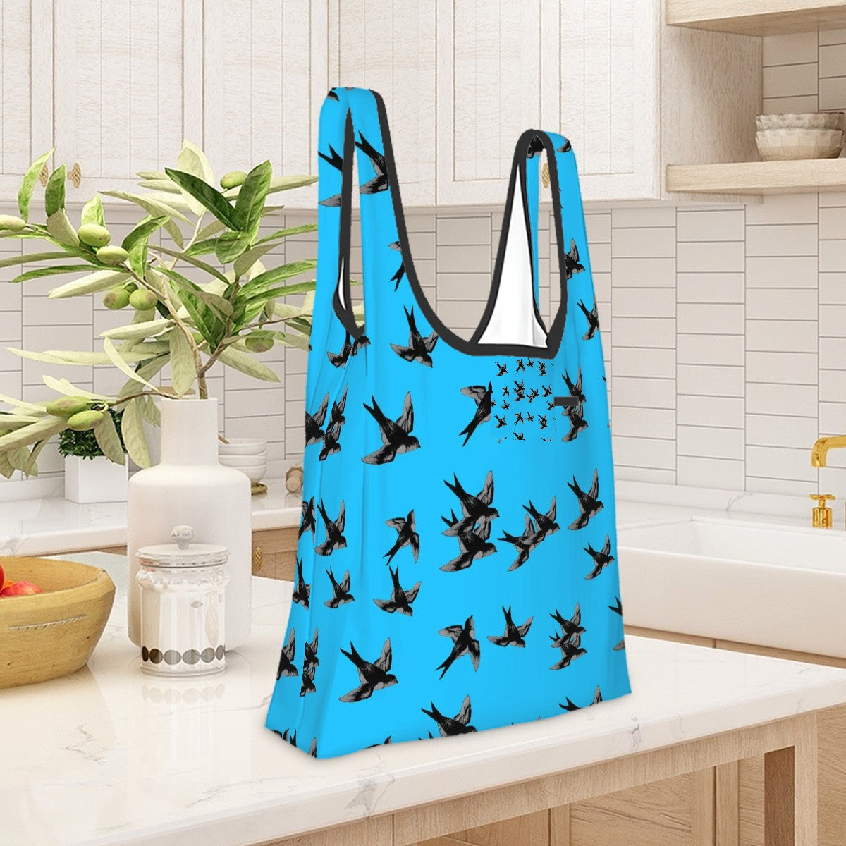 Polyester folding shopping bag with pouch barn swallows pattern