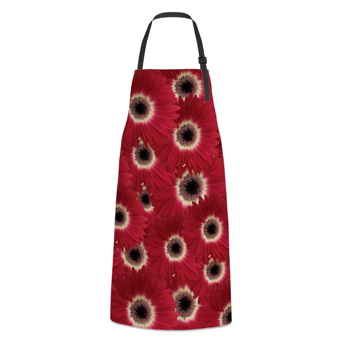 red gerbera daisy floral pattern apron with two pockets