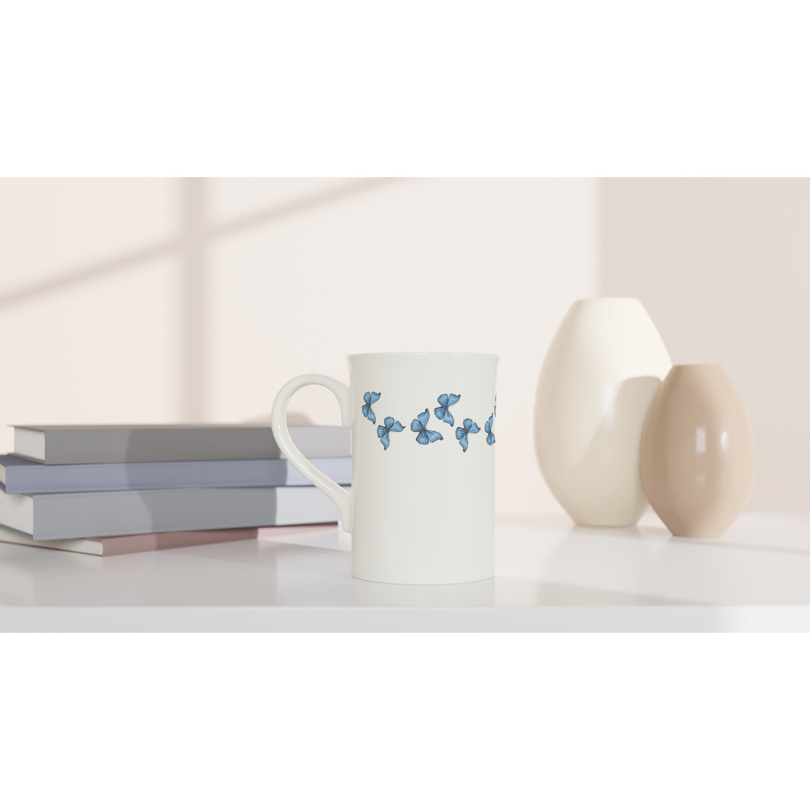 10 oz slim porcelain mug cramer’s blue morpho  butterfly pattern