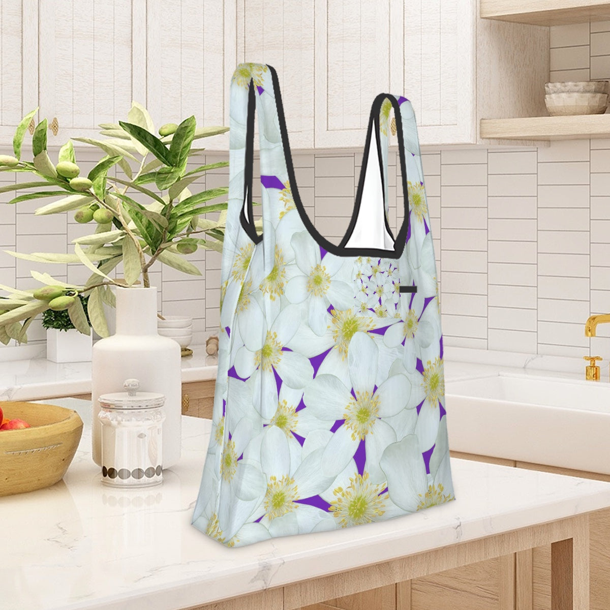 Folding Shopping Bag (Polyester with storage pouch) Wood Anemone 1