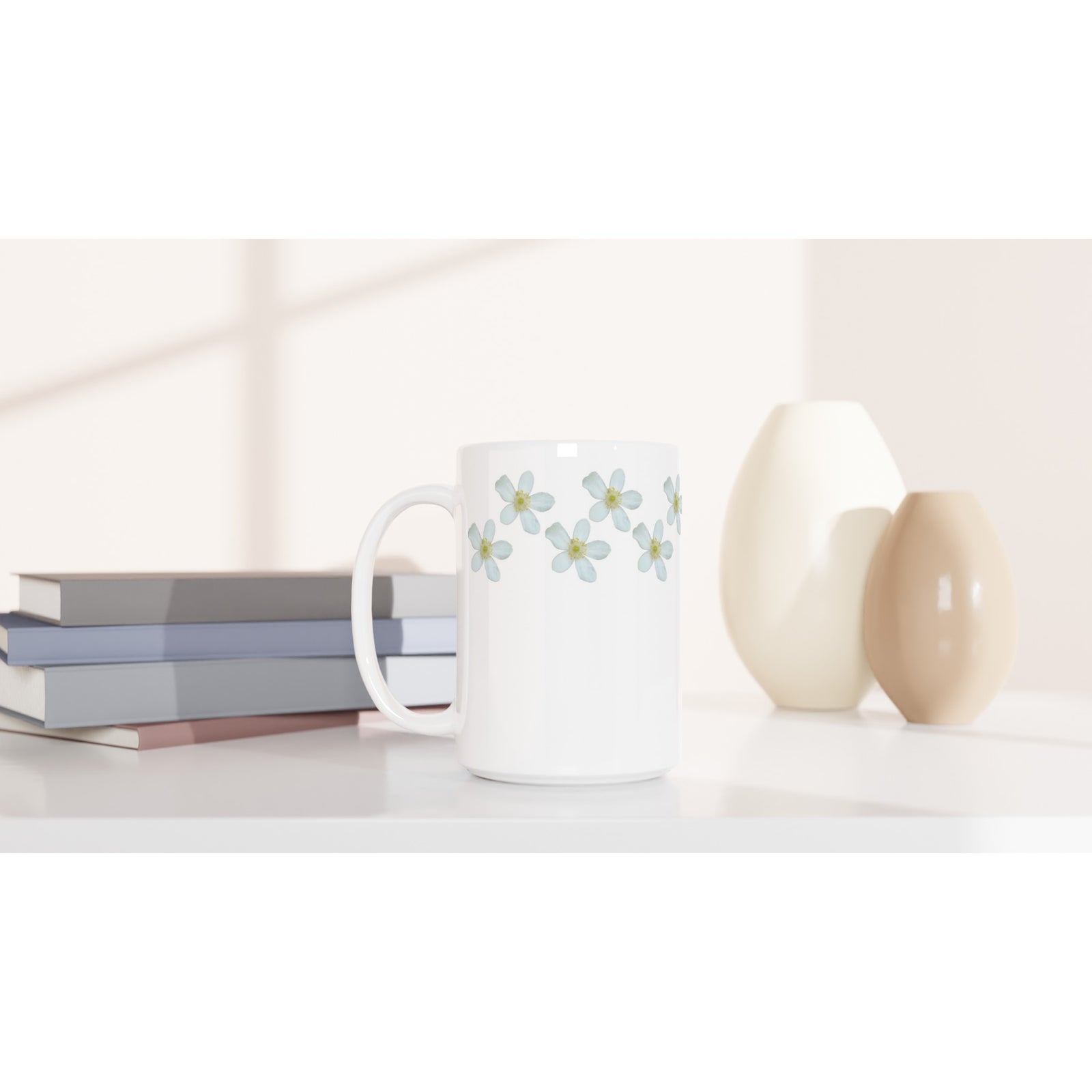 ceramic mug 15oz white wood anemone floral pattern