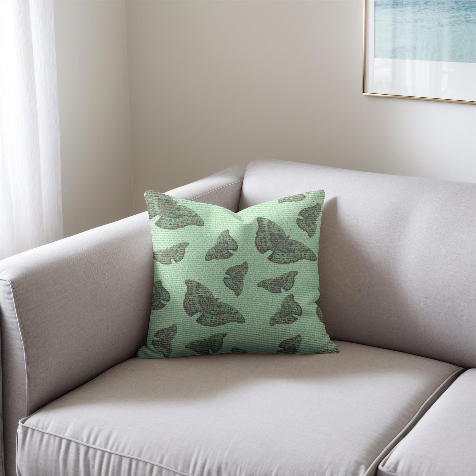 Cotton/poly blend woven pillow green african butterfly pattern