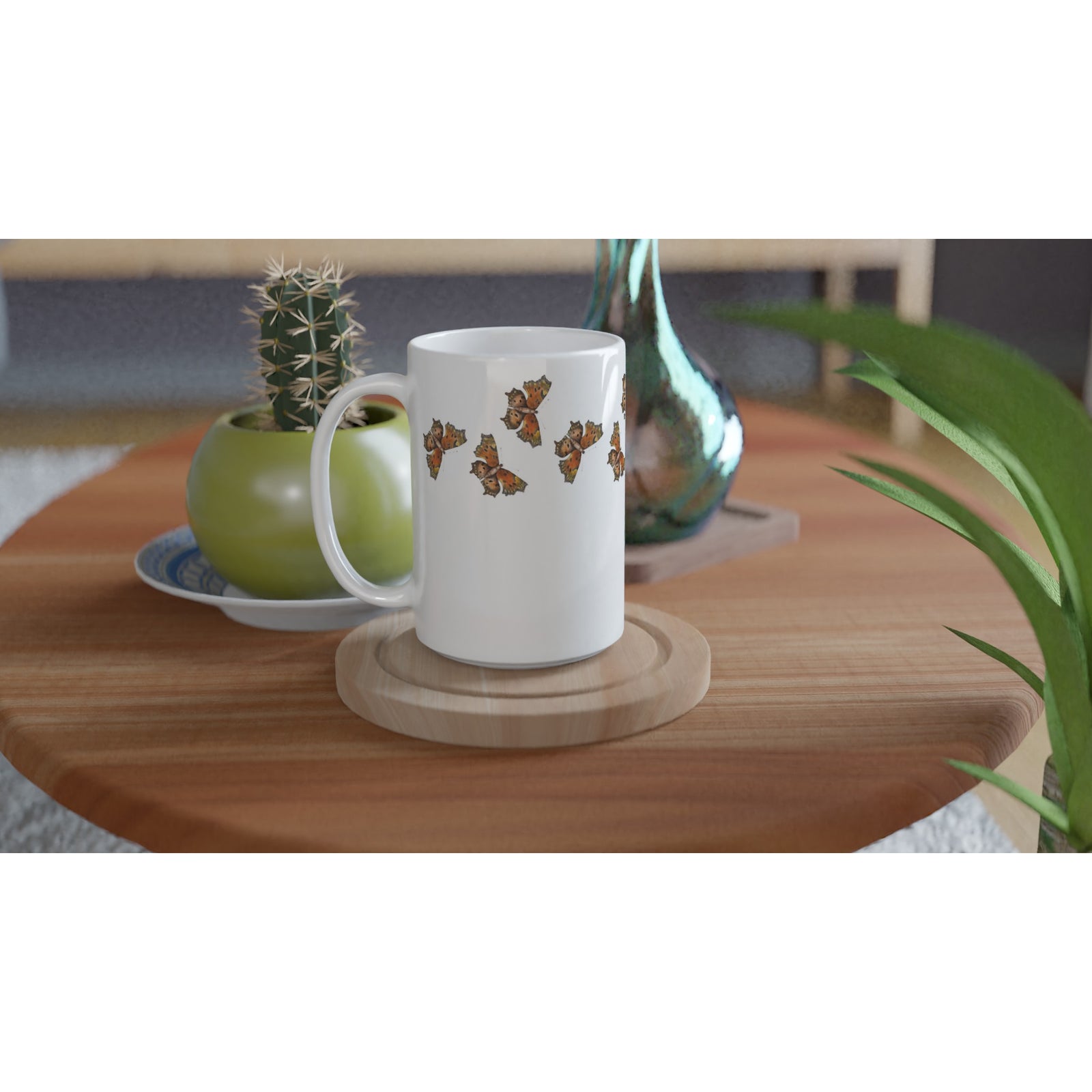 Ceramic mug 15oz green coma butterfly pattern