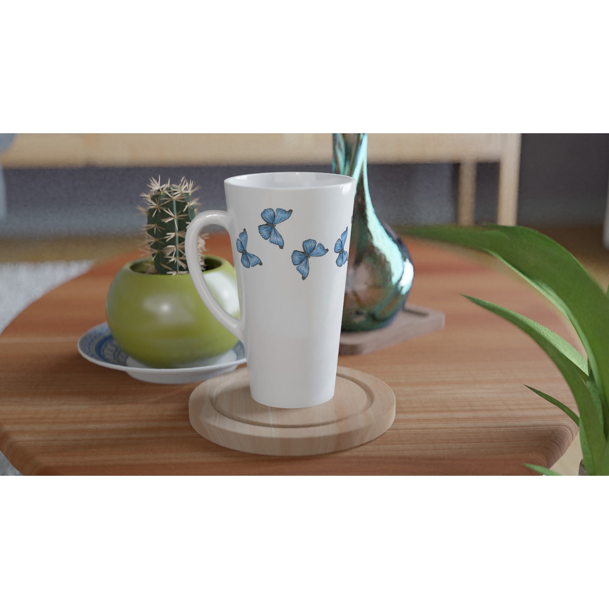 17oz ceramic latte mug Cramer’s blue Morpho  butterfly pattern 