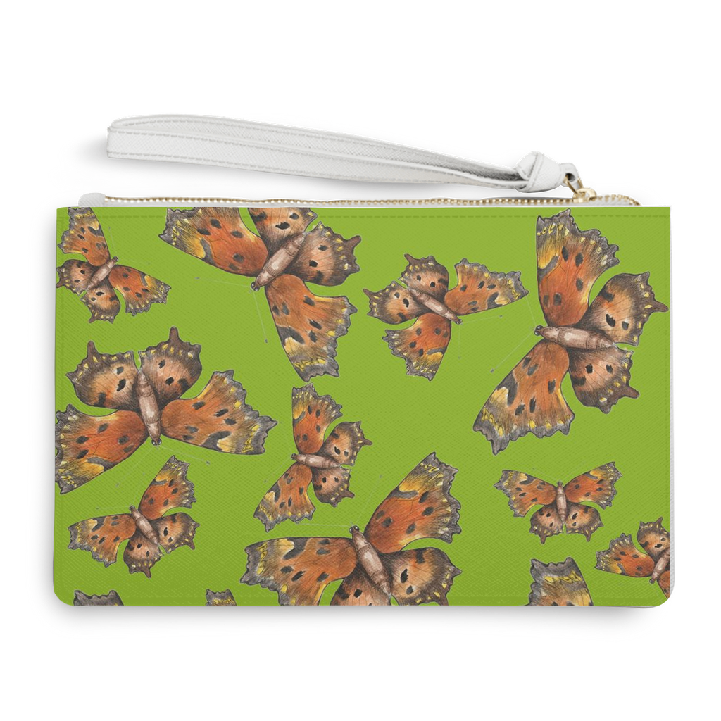 Vegan leather clutch (9.45x6.3 inches) green coma butterfly pattern