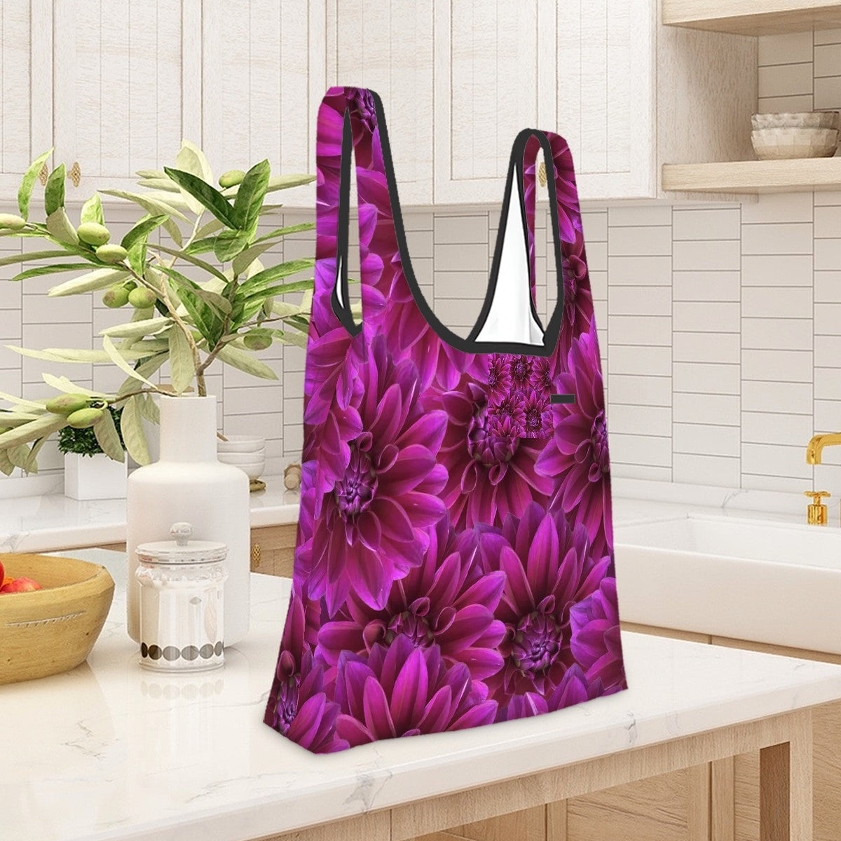 Foldable shopping bag polyester with carry loop and attached storage pouch