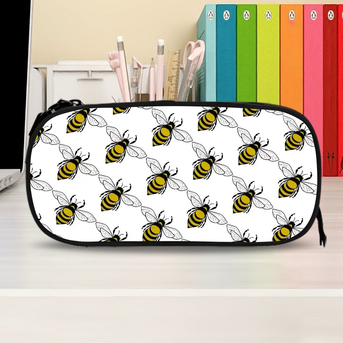 Zippered pencil pouch with multiple pockets honey bee pattern black edge