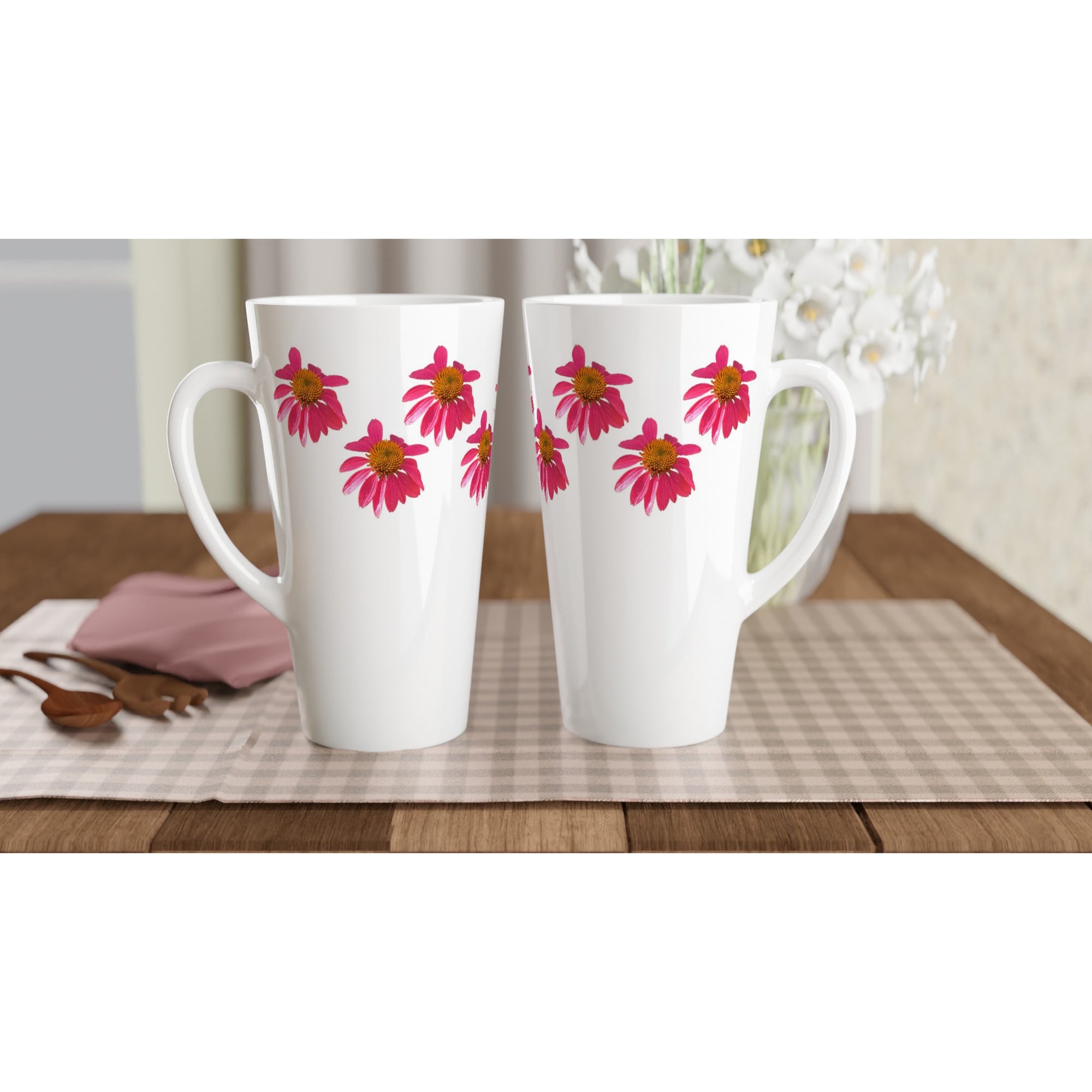 17oz ceramic latte mug wood echinacea floral  pattern 