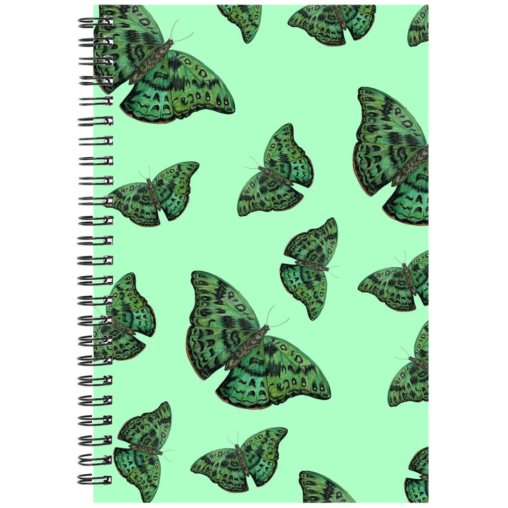 Ruled spiral notebook  6x8 inches green African butterfly pattern