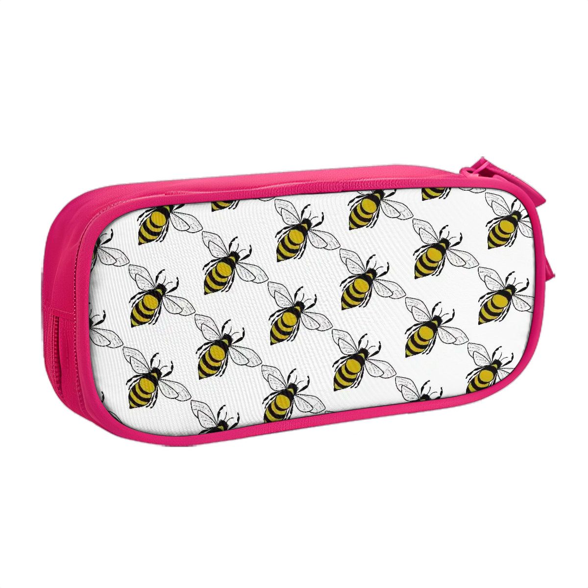 Zippered pencil pouch with multiple pockets and pink edging honeybee pattern