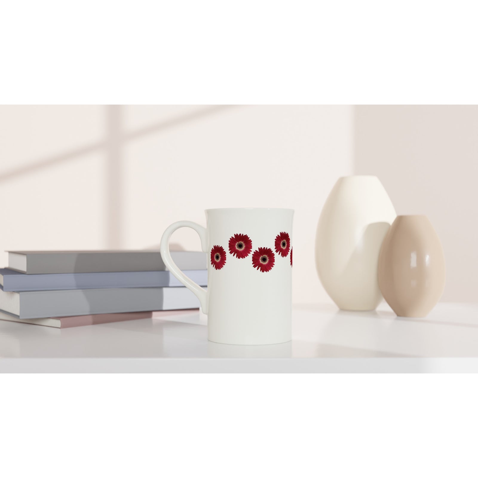 10 oz slim porcelain mug red gerbera daisy floral pattern