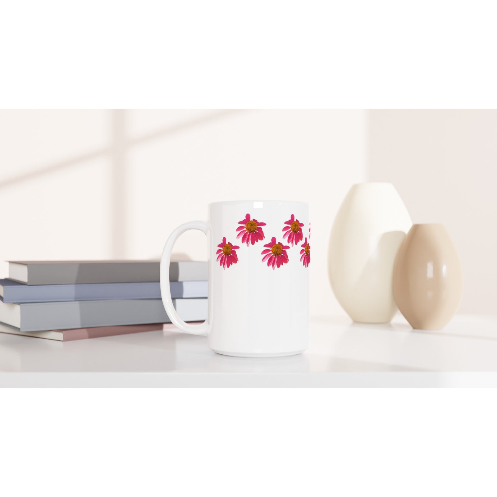 Ceramic mug 15oz red echinacea floral pattern