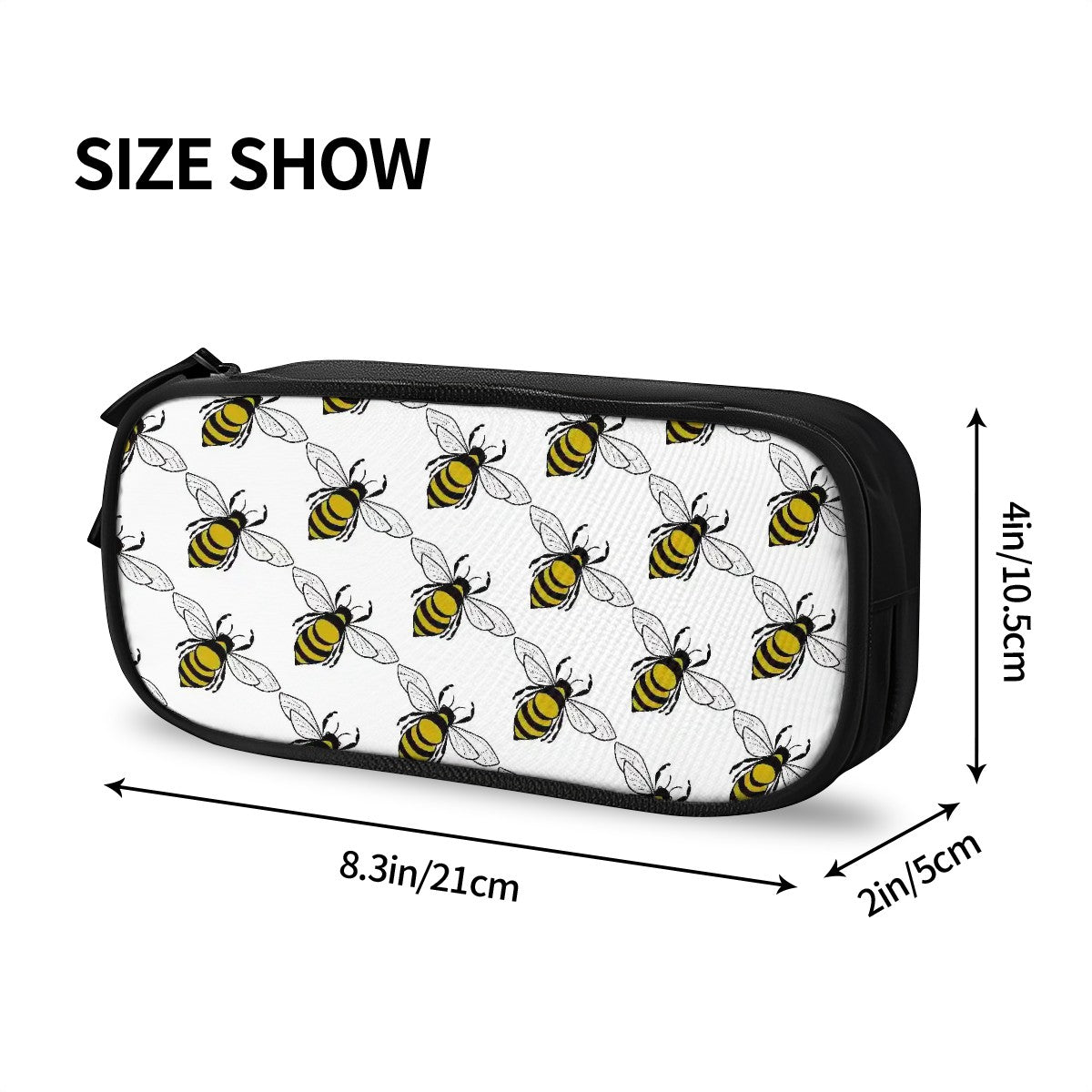 Zippered pencil pouch with multiple pockets and black edge honeybee pattern