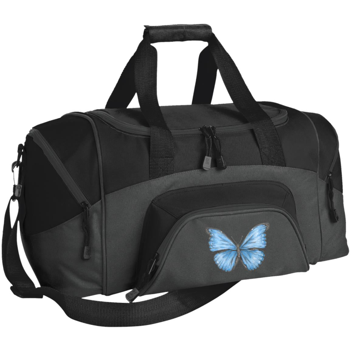 Small  grey and black dufflebag with Cramer's blue morpho butterfly