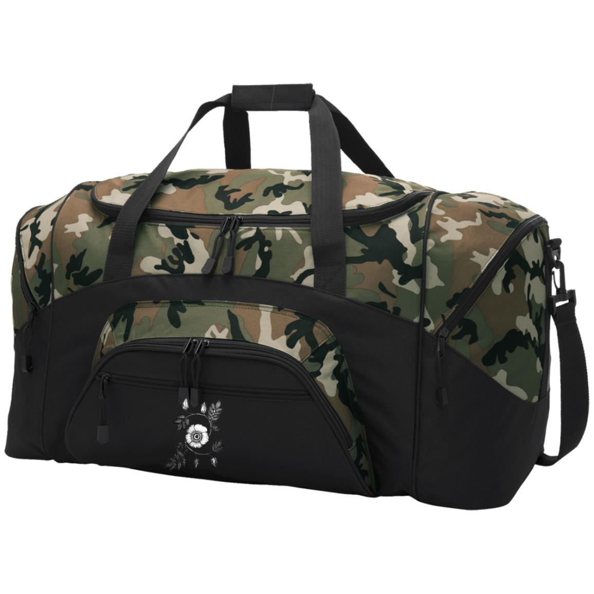 Camo and black duffle bag (Large) with pockets and wild rose drawing