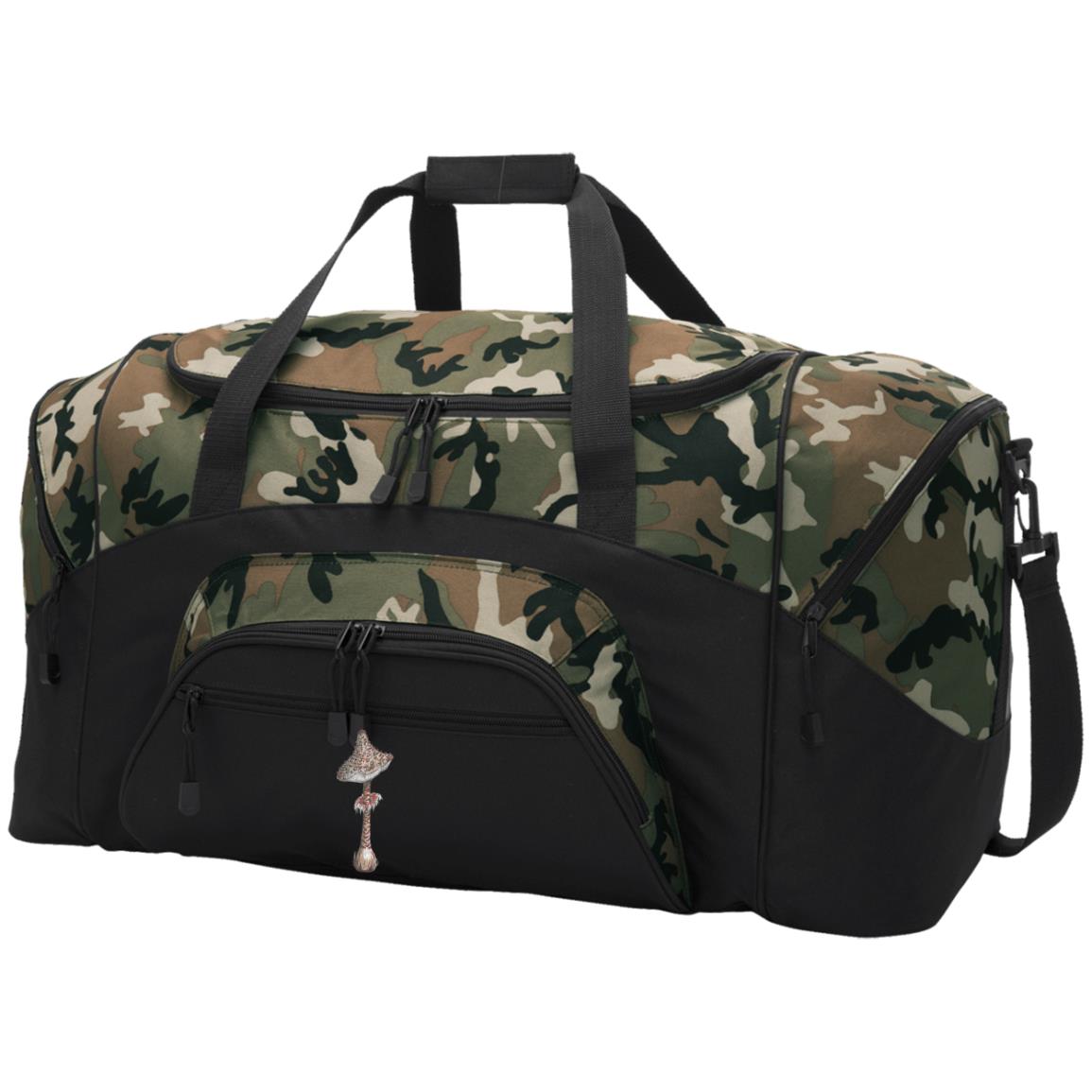 Camo and black large duffle bag with pockets and parasol mushroom