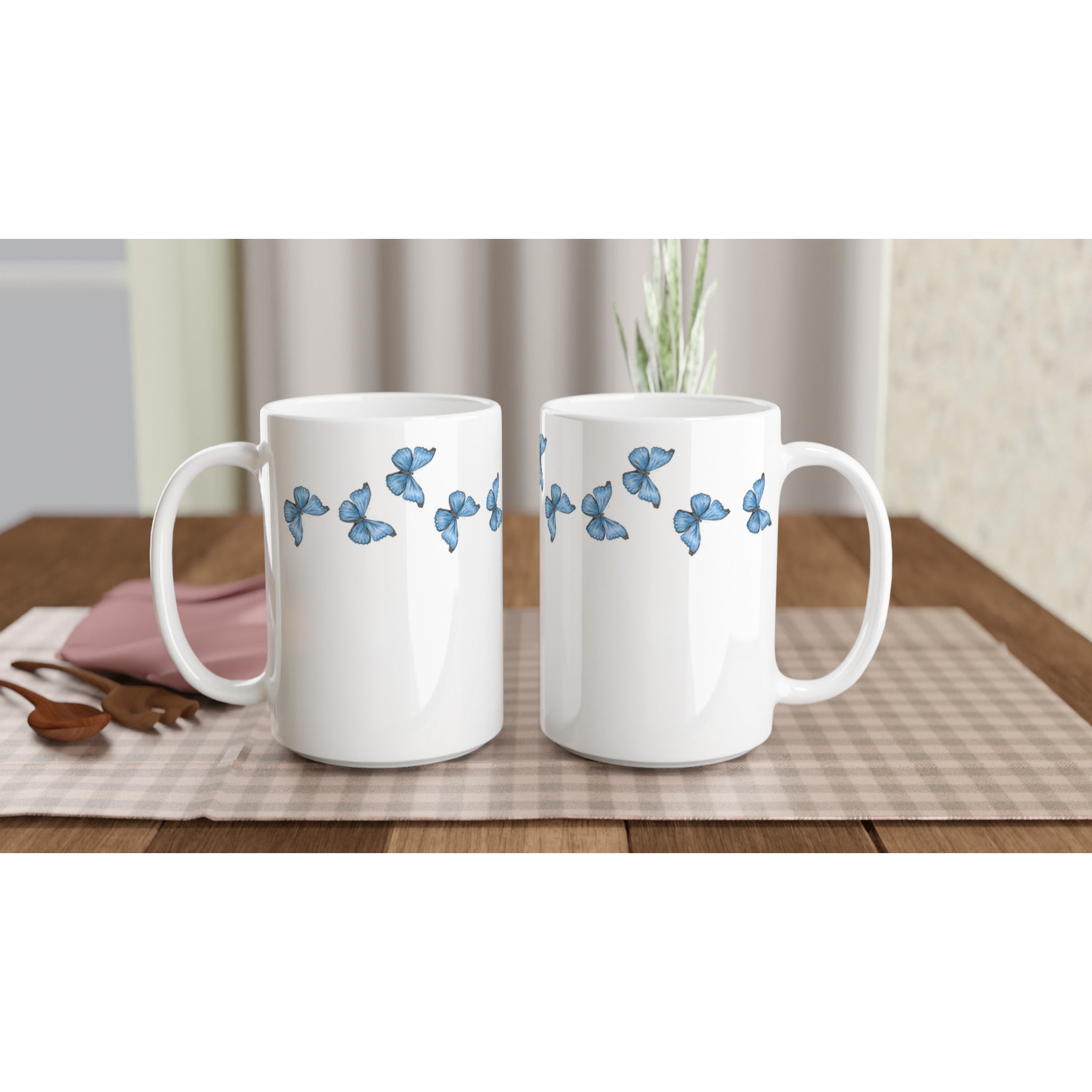 Ceramic mug cramer's blue morpho butterfly pattern