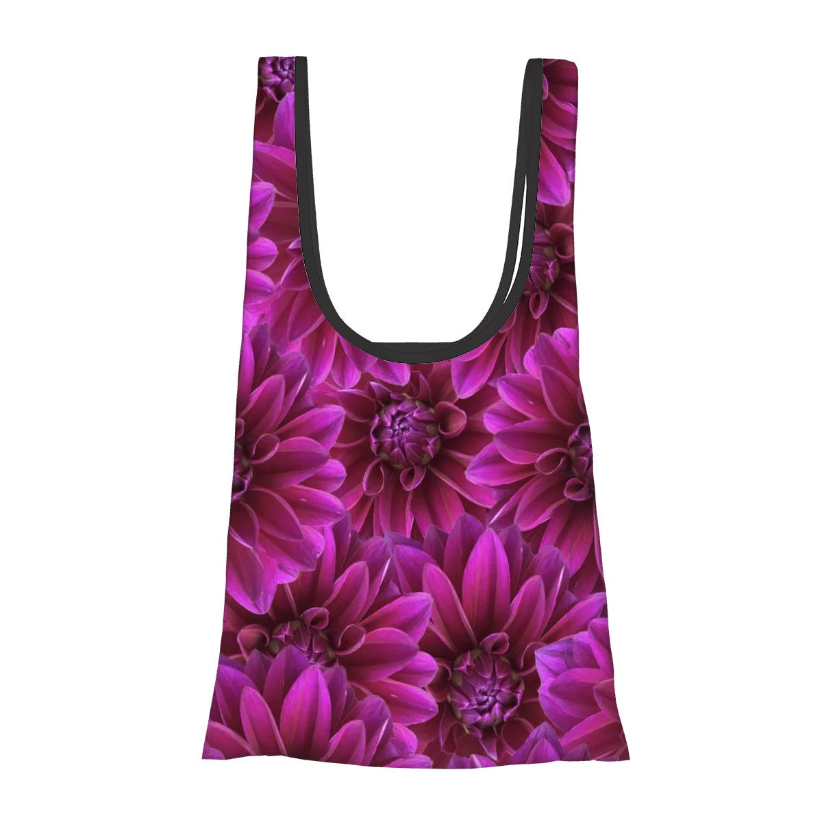 foldable shopping bag with attached pouch purple dahlia pattern