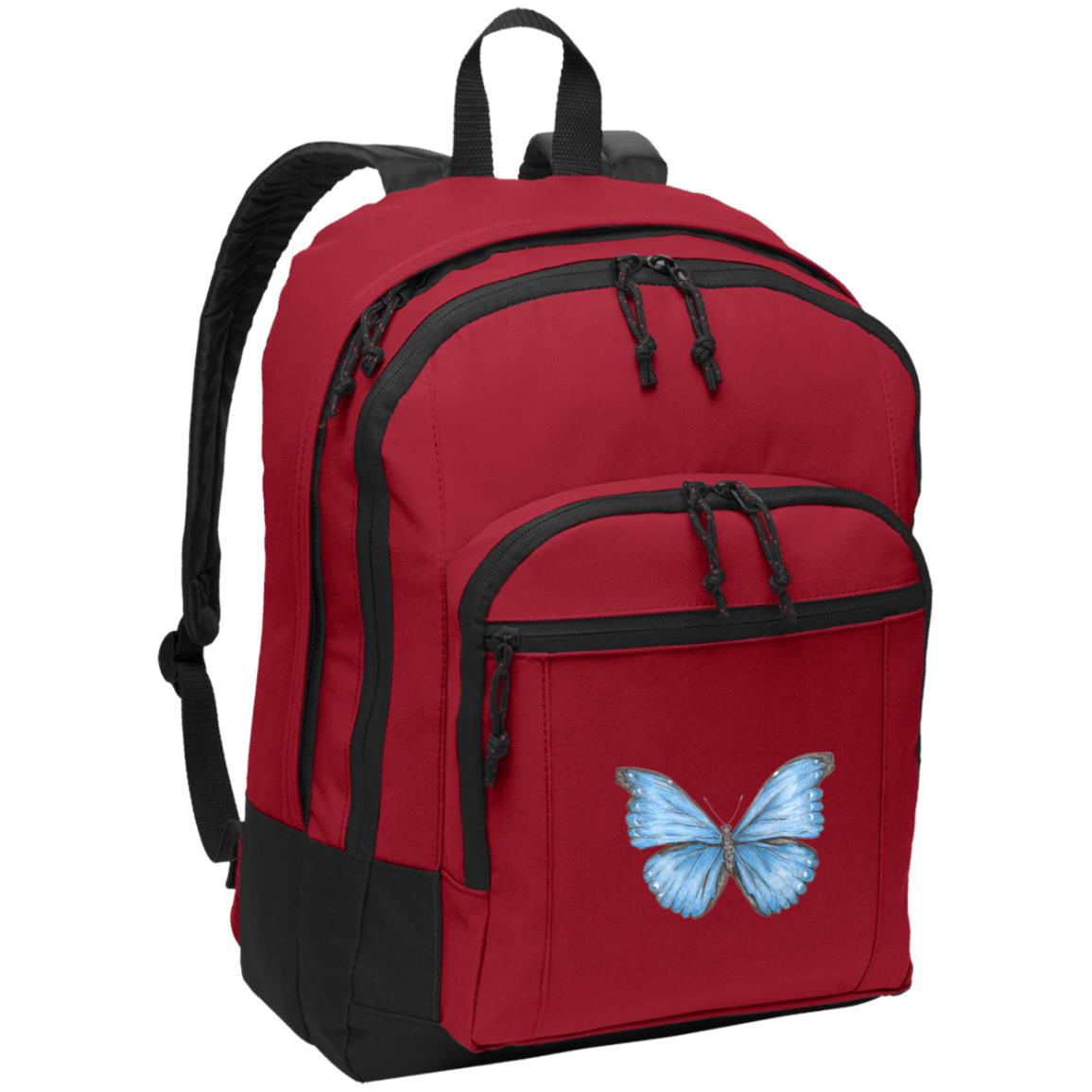 Red poly canvas back pack cramer’s blue morpho butterfly