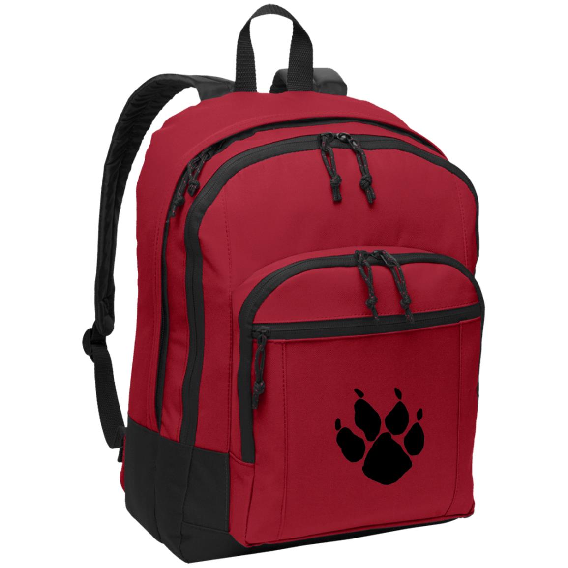 Red poly daypack with red fox paw print