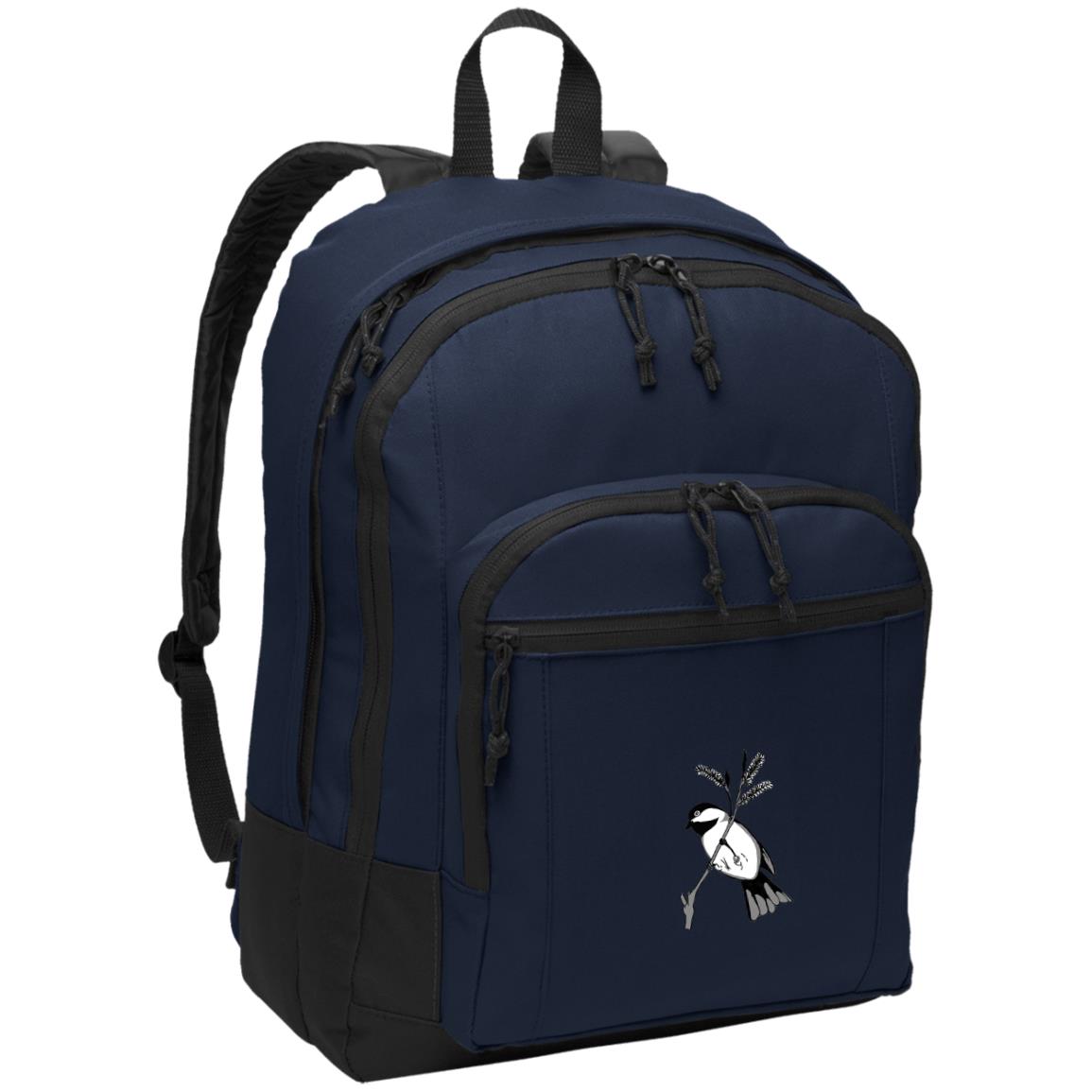 Navy poly canvas back pack black capped chickadee