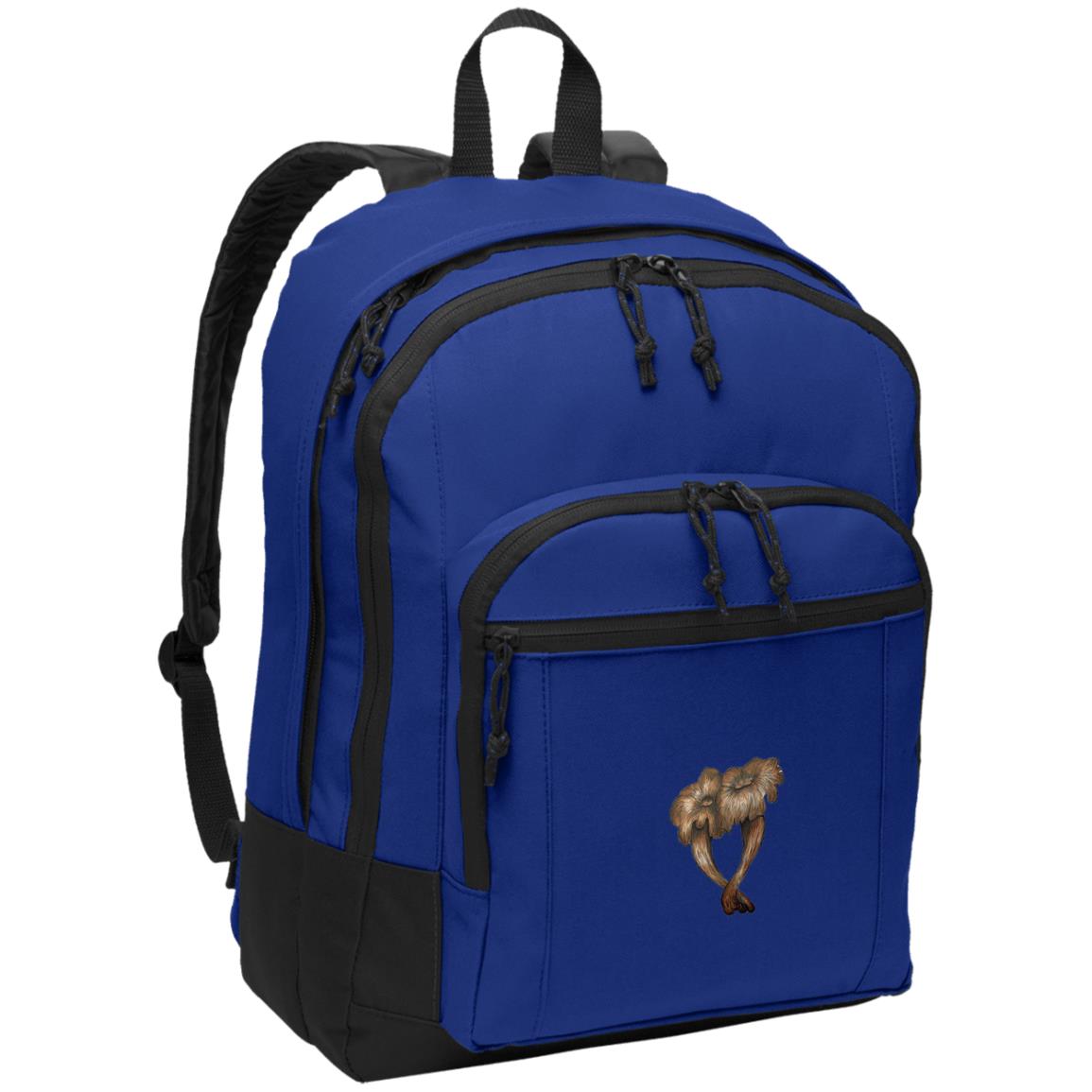 Blue poly daypack with smooth chanterelle mushroom