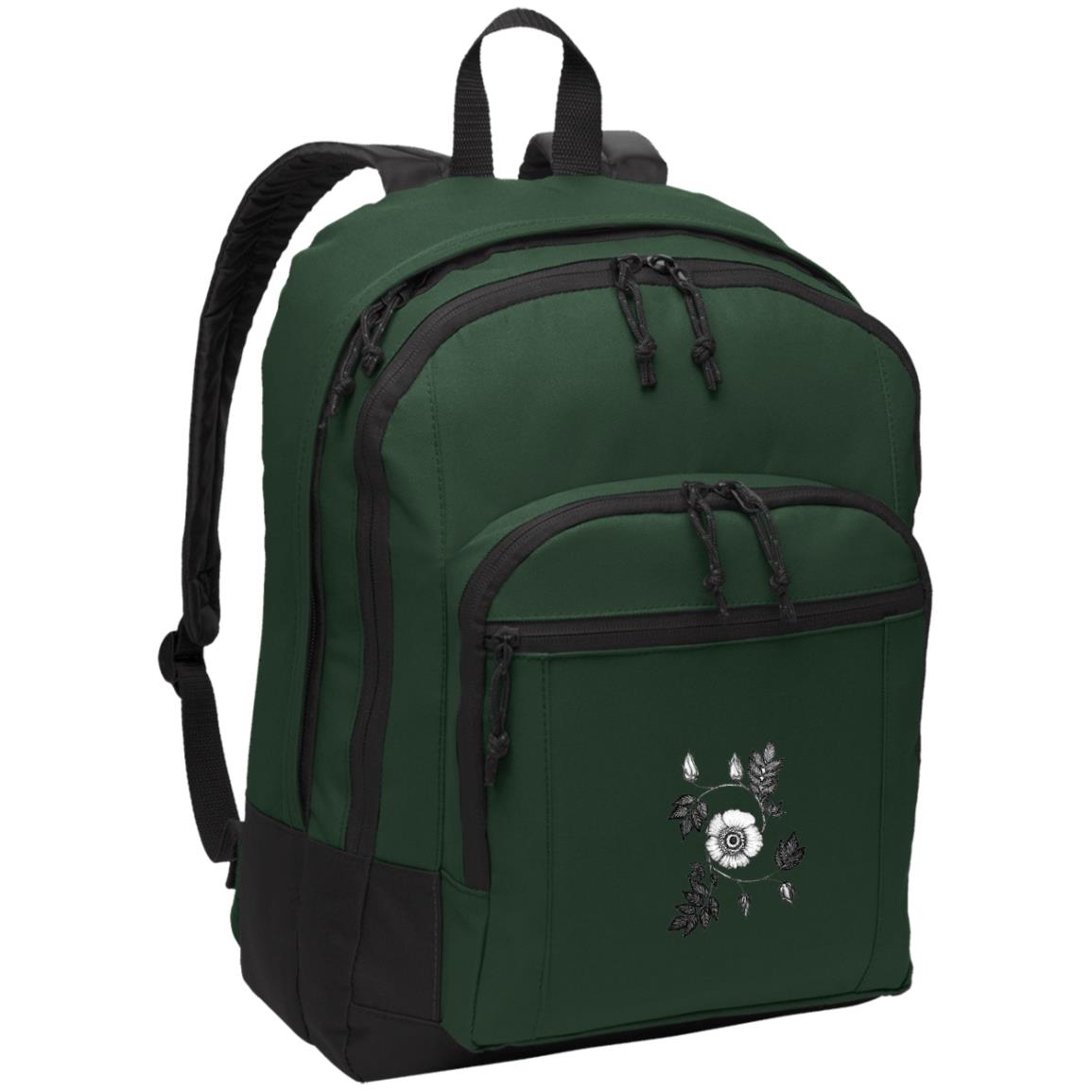 Green daypack with padded shoulder straps with image of wild rose