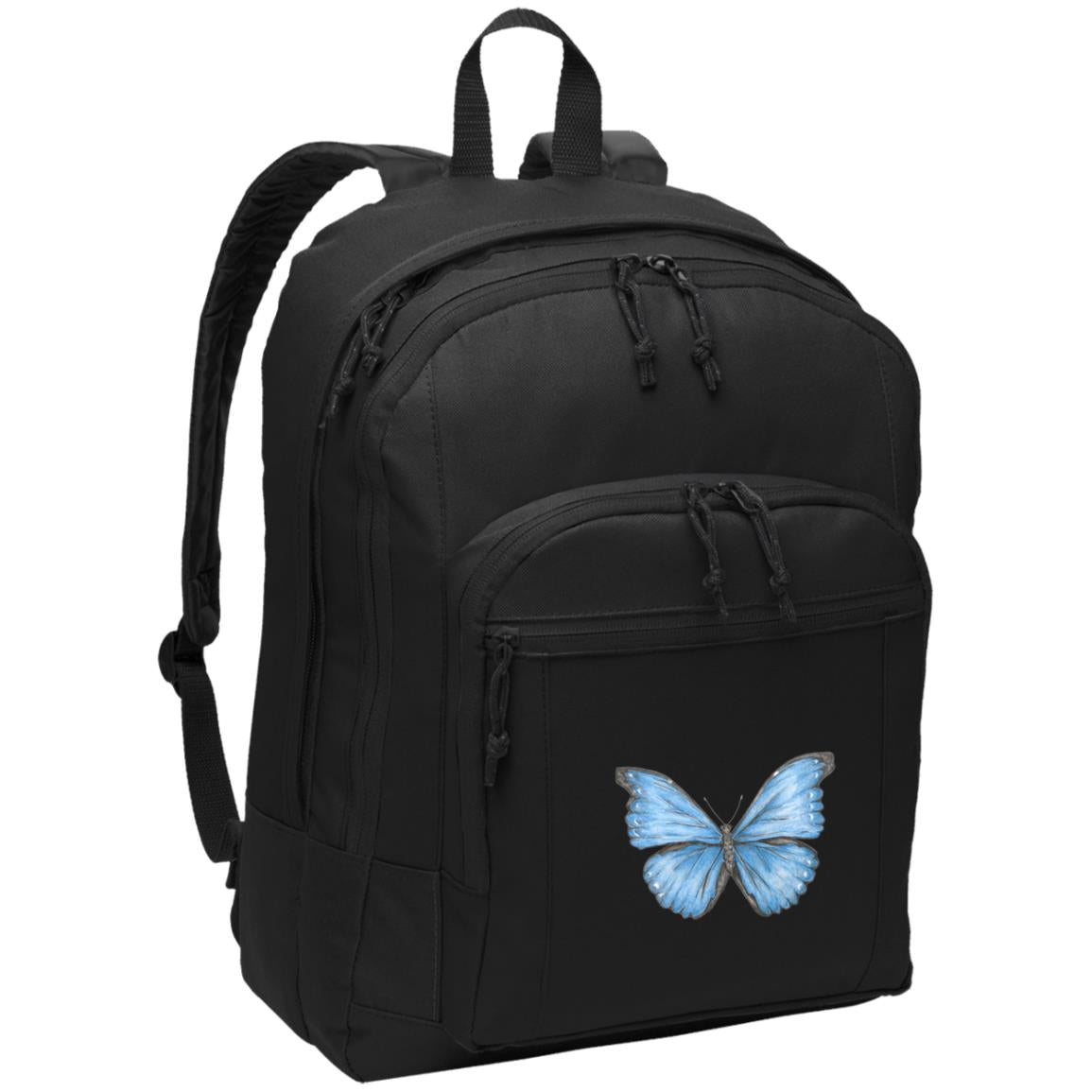 Black poly canvas back pack cramer’s blue morpho butterfly