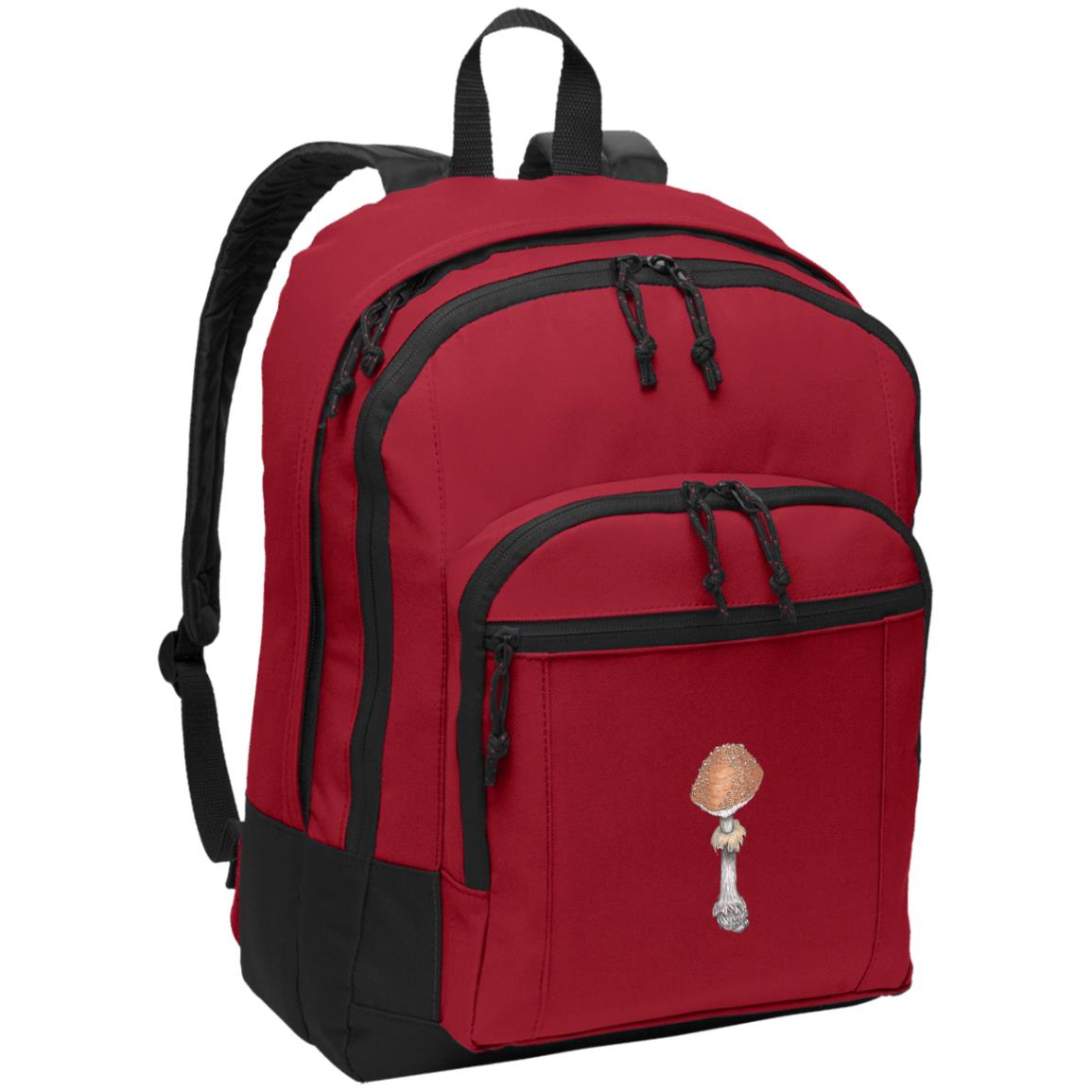 Red poly daypack with warty deathcap mushroom image