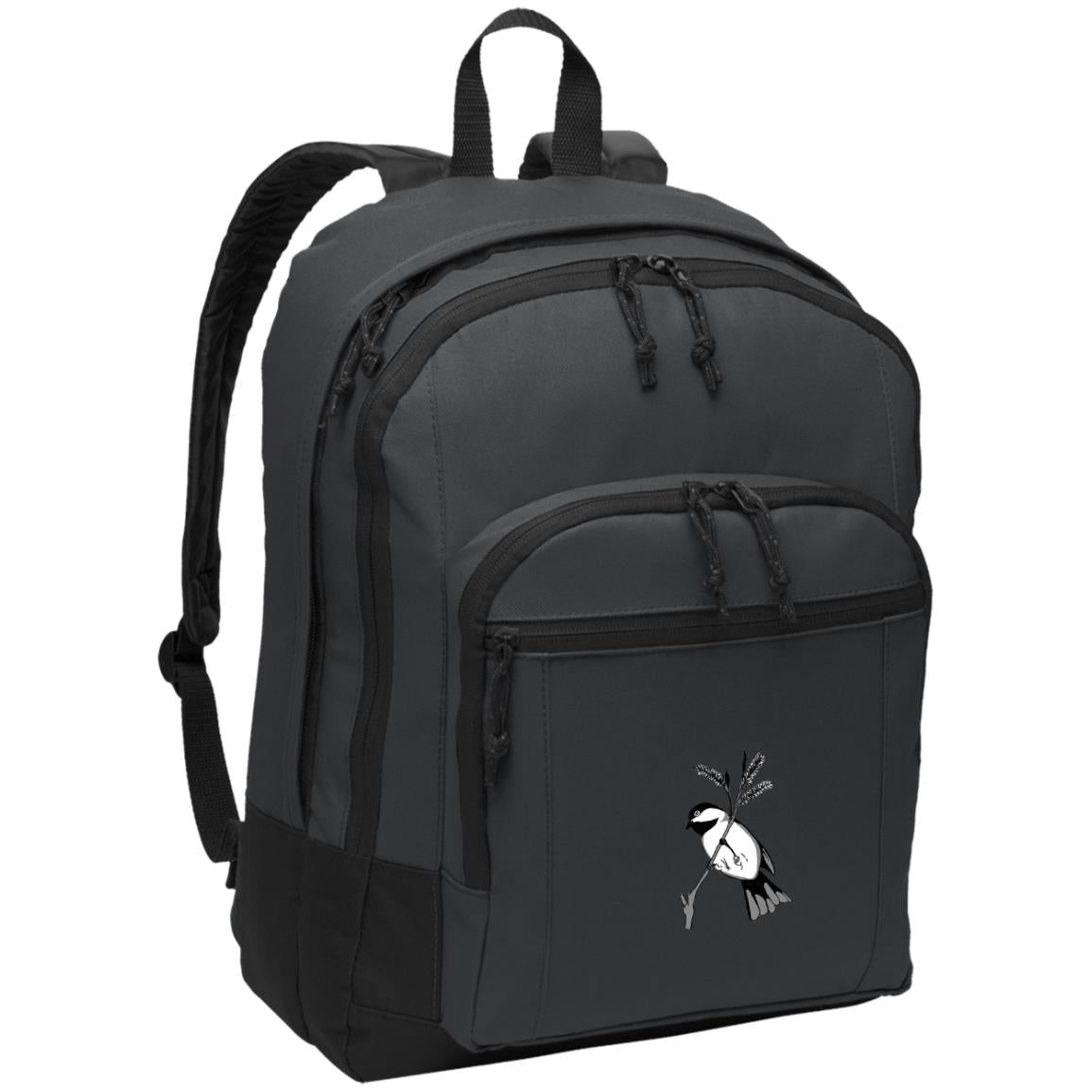 Grey poly canvas back pack black capped chickadee