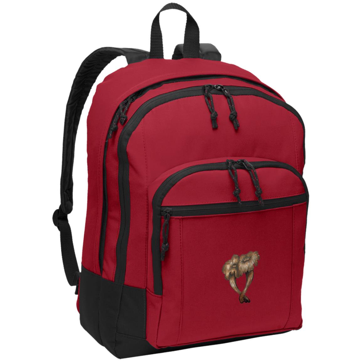 red poly daypack with smooth chanterelle mushroom