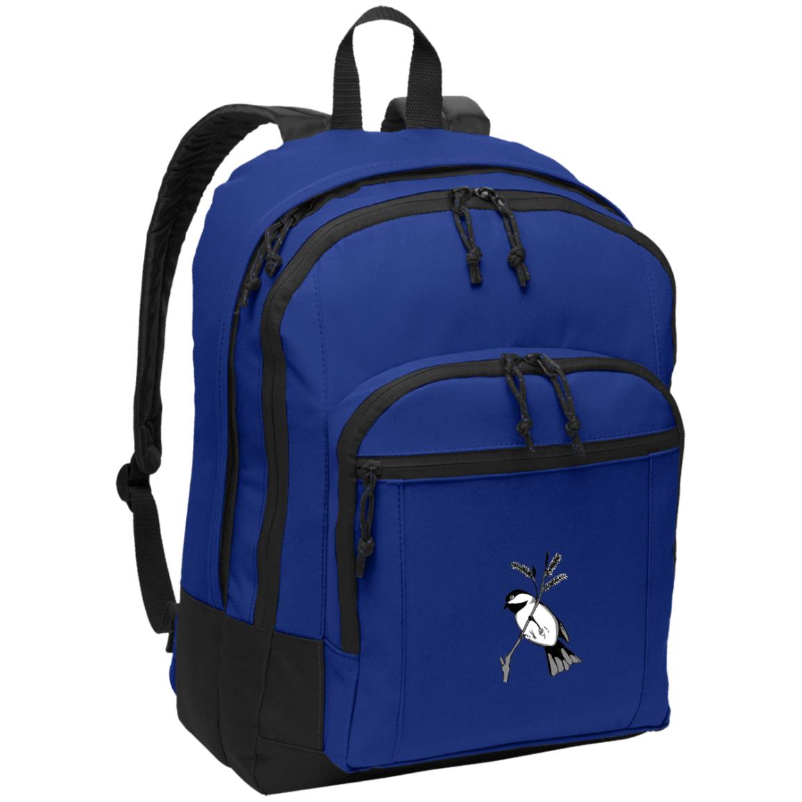 Blue poly canvas back pack black capped chickadee