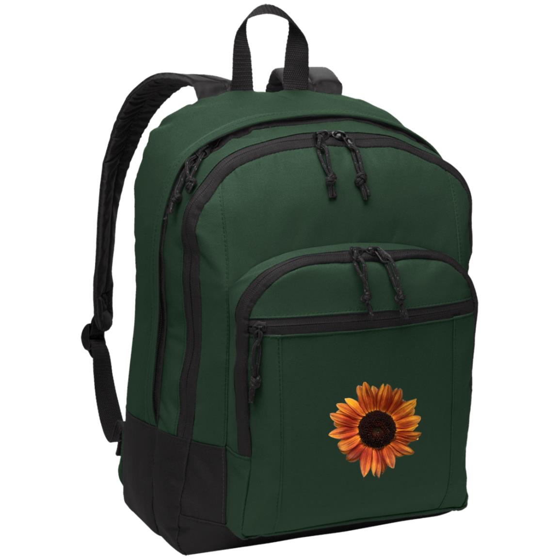 Green daypack with red sunflower and padded shoulder straps