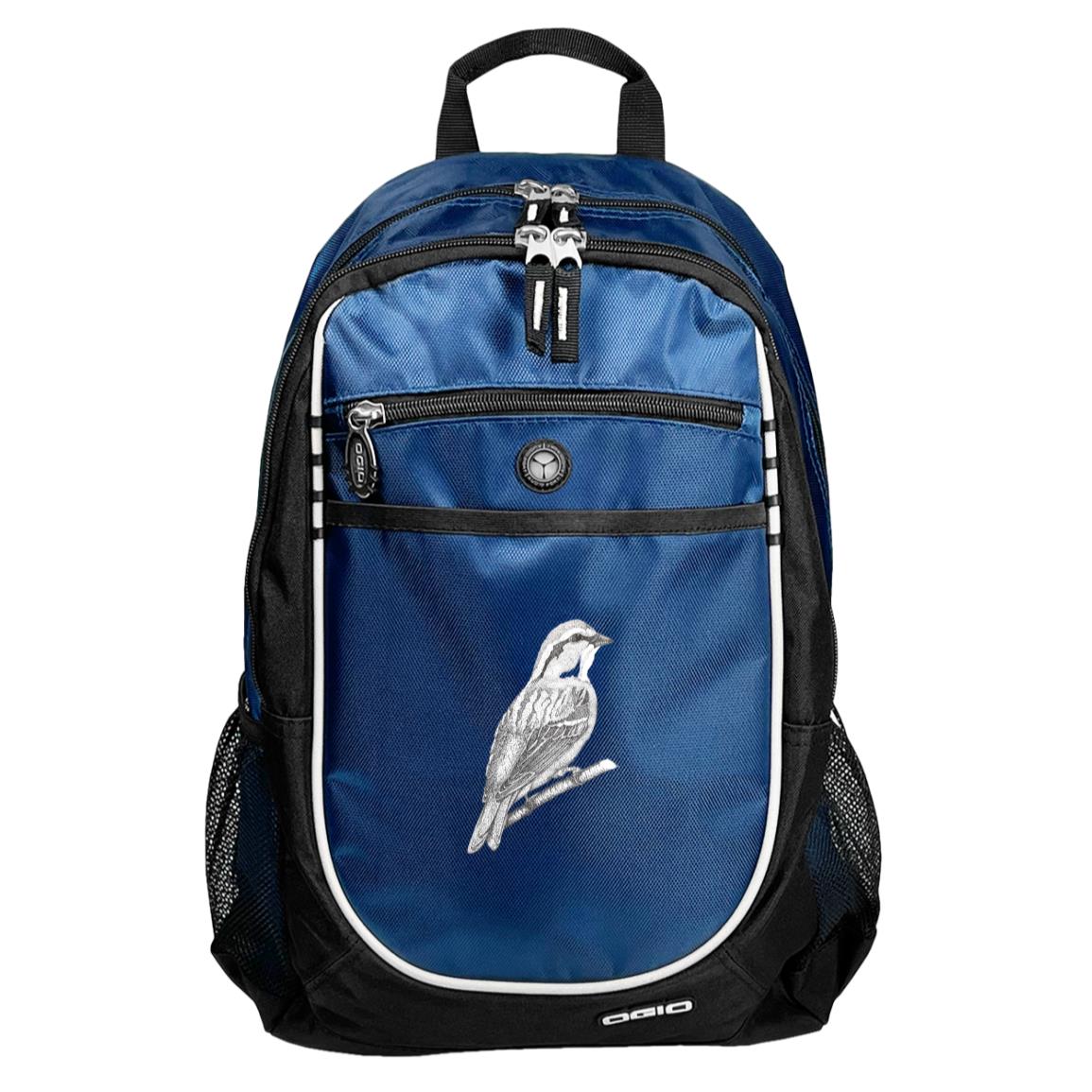 Blue sport backpack chipping sparrow