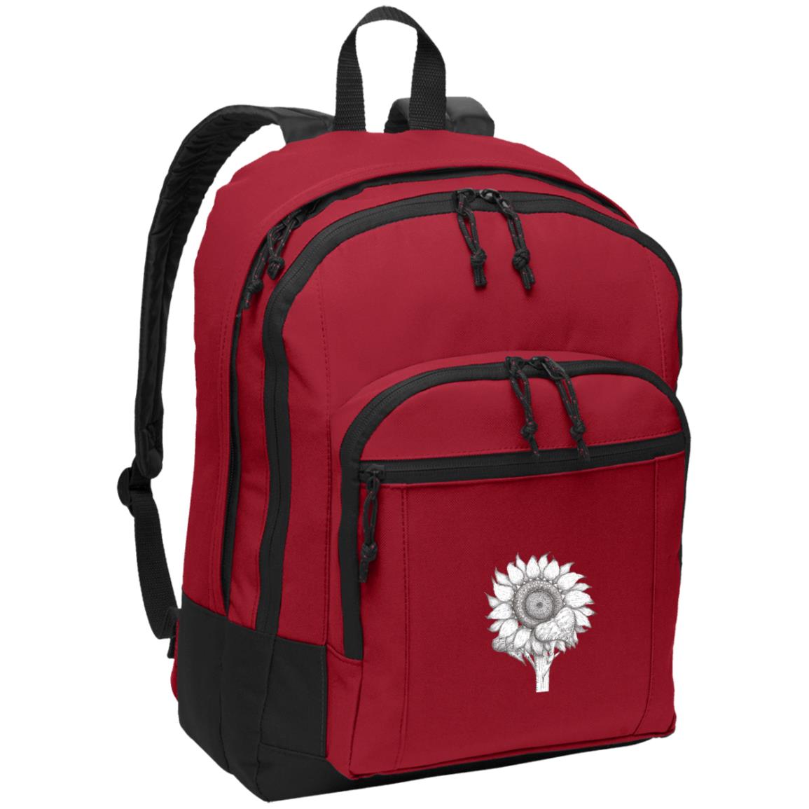 red day back pack with sunflower image