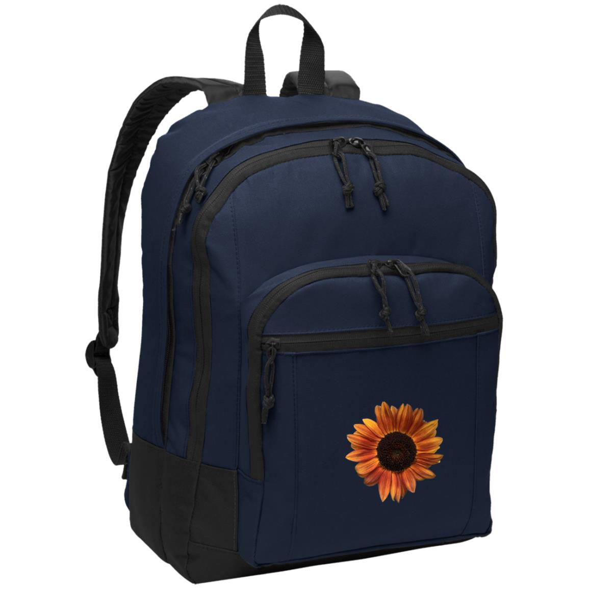 Navy daypack with red sunflower and padded shoulder straps