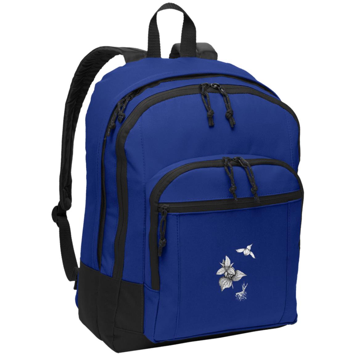 blue daypack with red trillium image