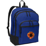 Blue daypack with red sunflower and padded shoulder straps