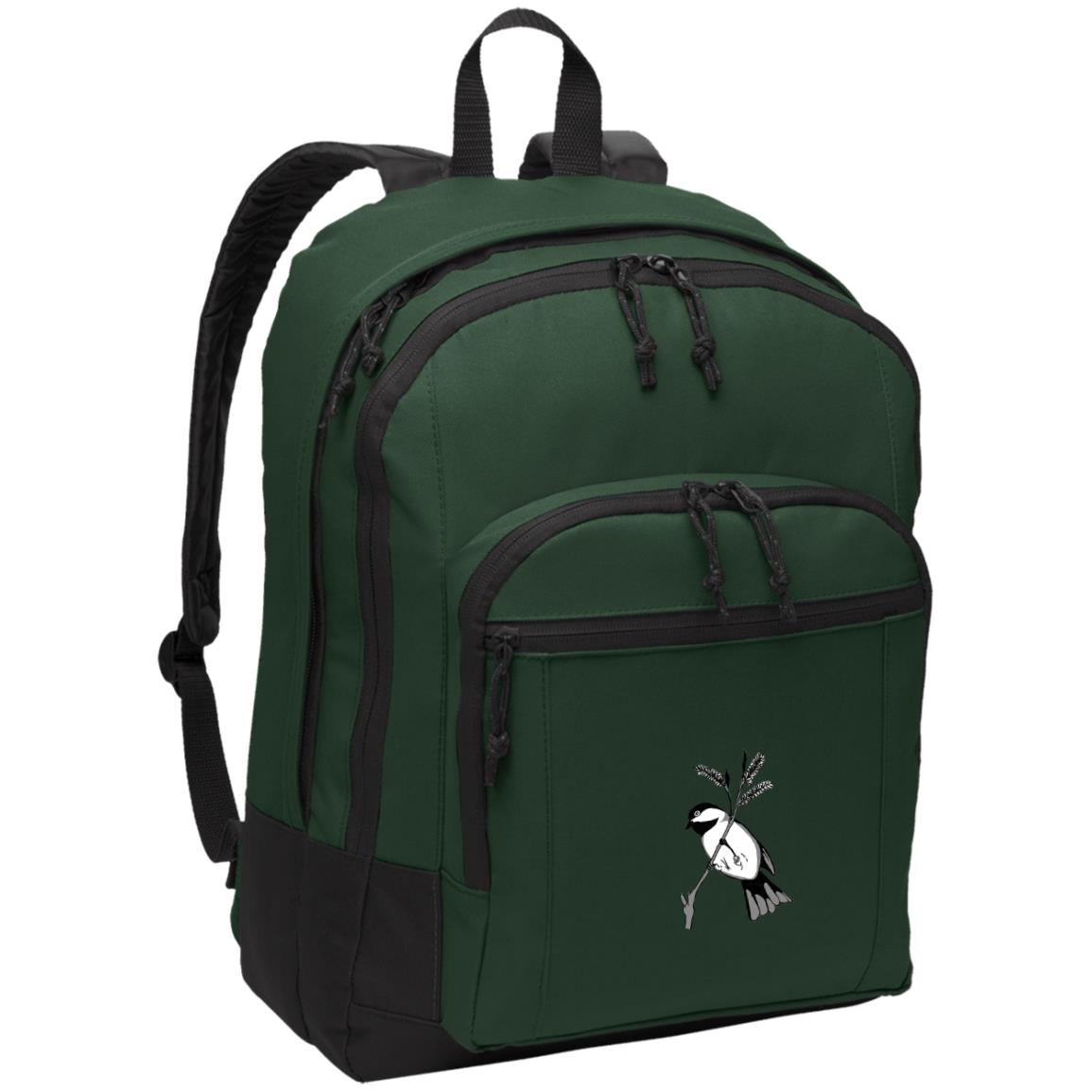 Green poly canvas back pack black capped chickadee