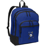 blue daypack with padded shoulder straps with wild rose