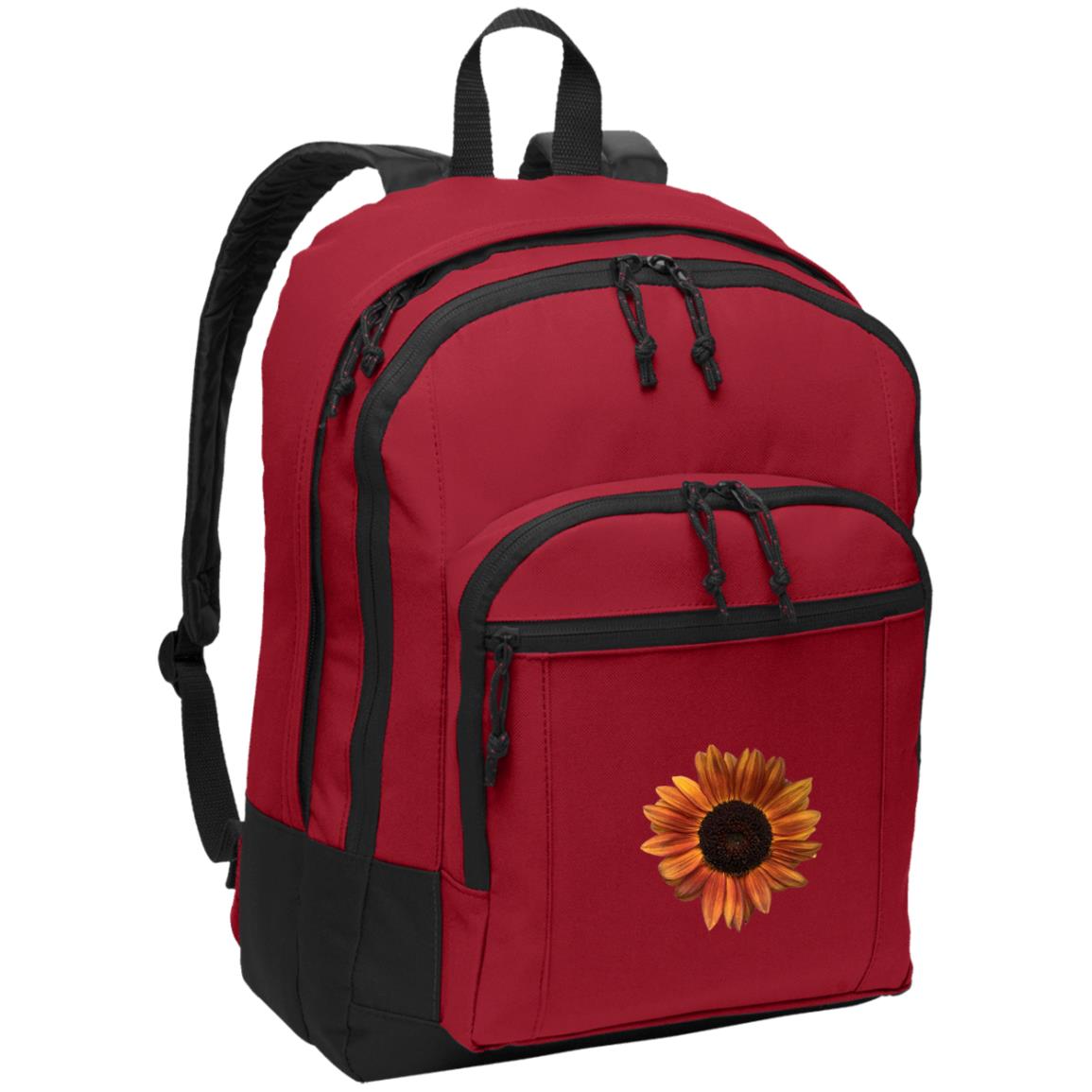 Red daypack with red sunflower and padded shoulder straps