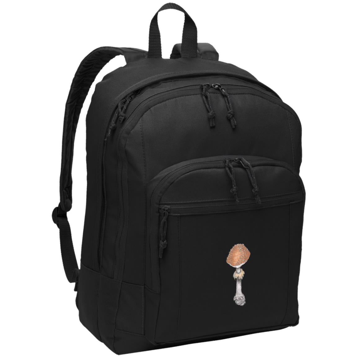 Black poly daypack with warty deathcap mushroom image