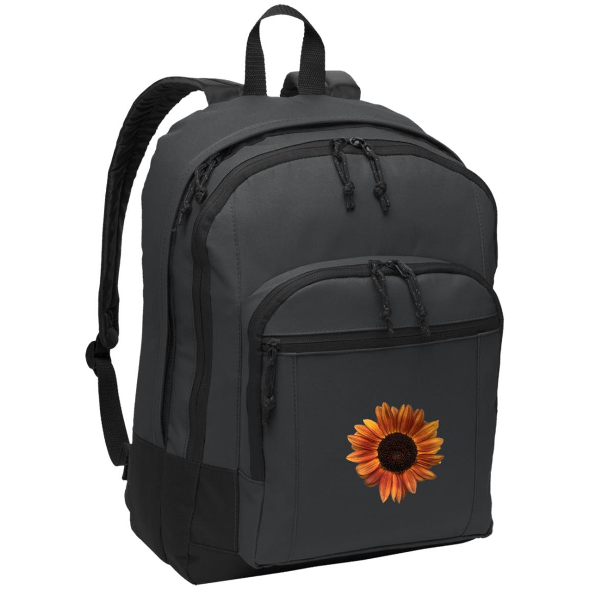 grey daypack with red sunflower and padded shoulder straps