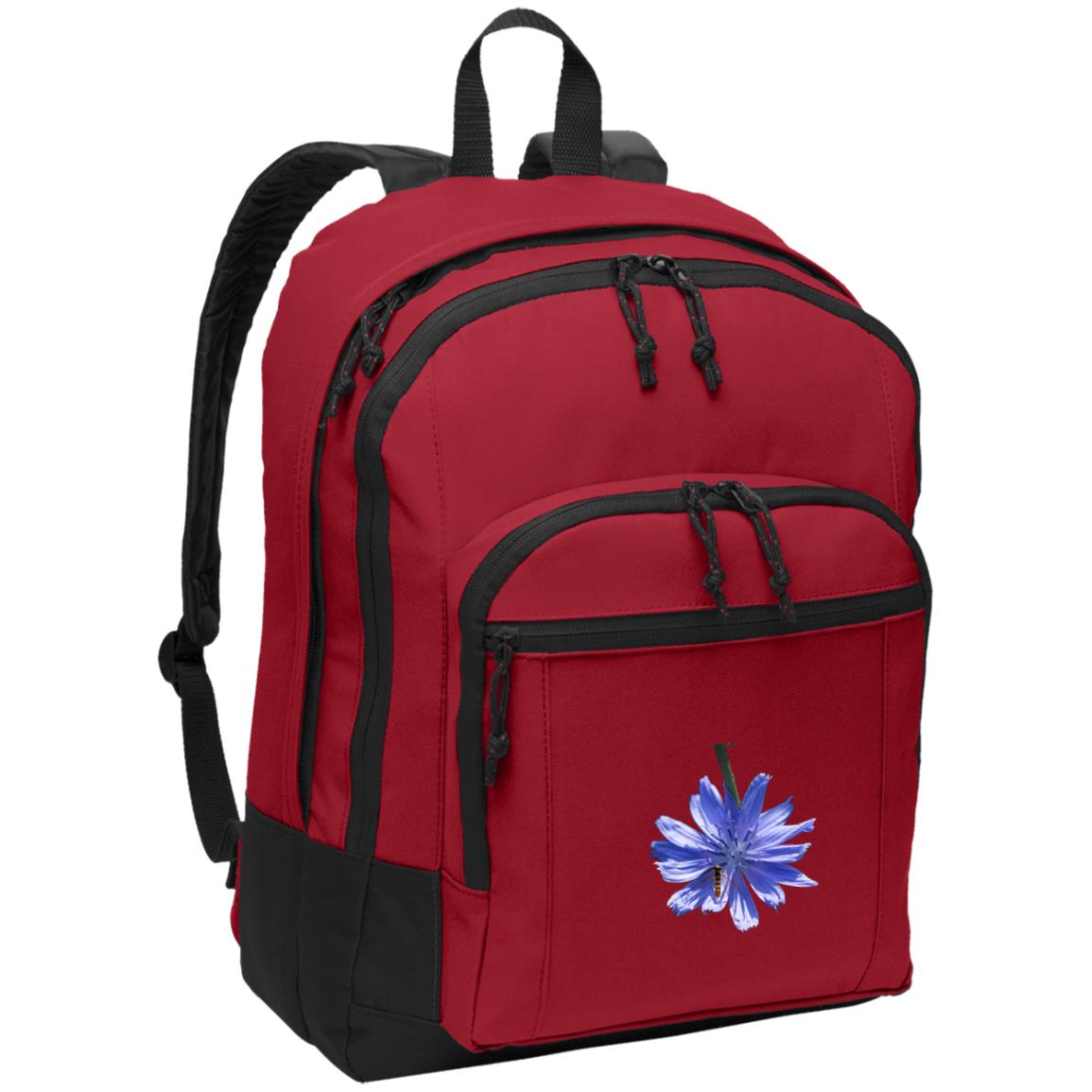 Red poly canvas back pack blue chicory wildflower