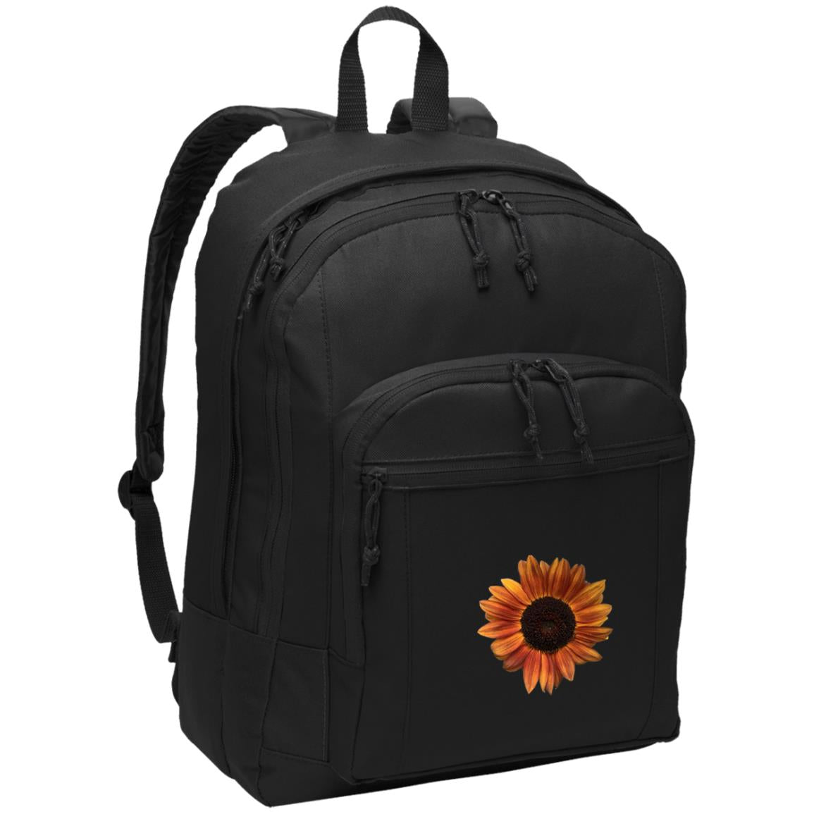 Black daypack with red sunflower and padded shoulder straps