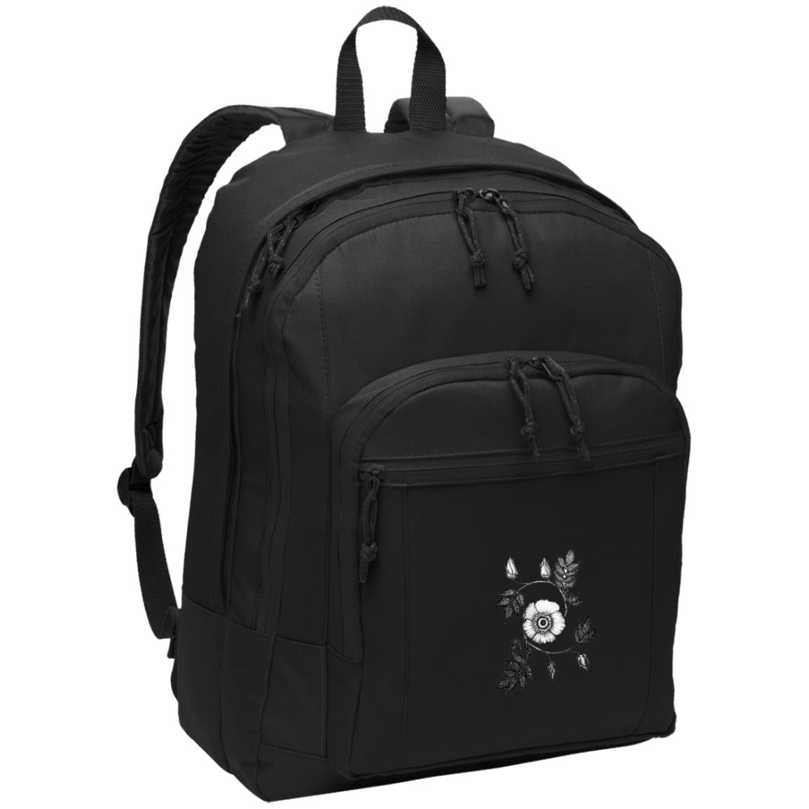 Black daypack with padded shoulder straps with image of wild rose