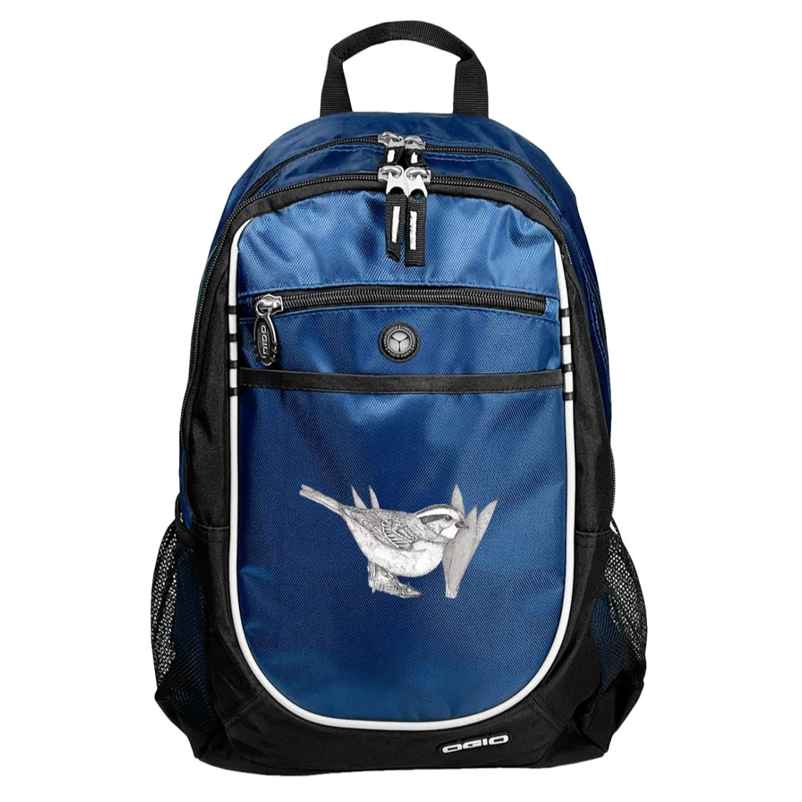 Blue sport backpack white throated sparrow