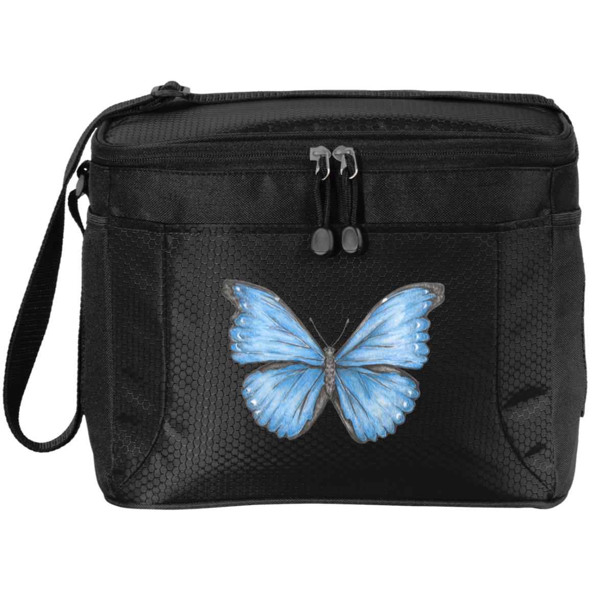 black 12-pack cooler bag Cramer's blue morpho butterfly