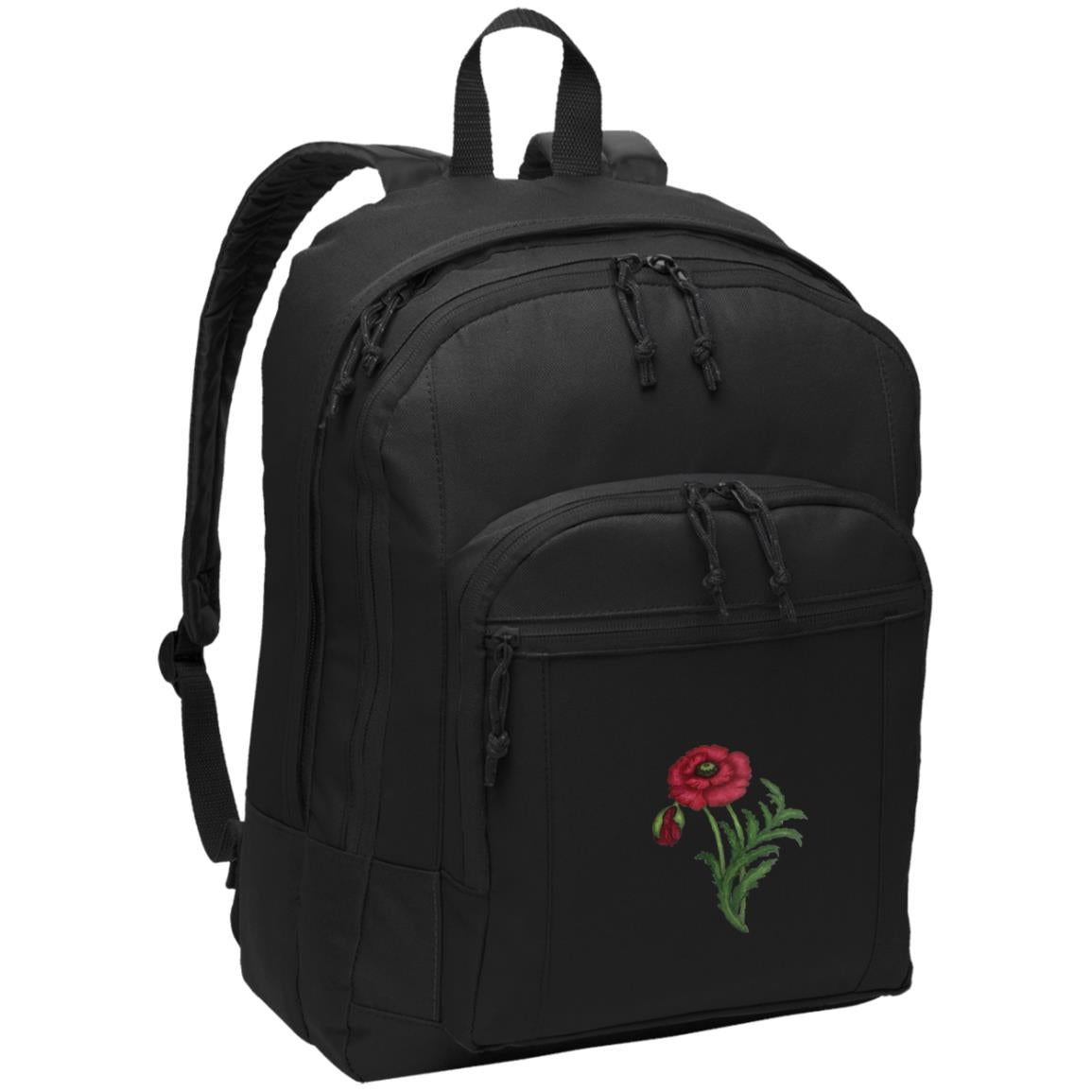 Black daypack with red poppy image