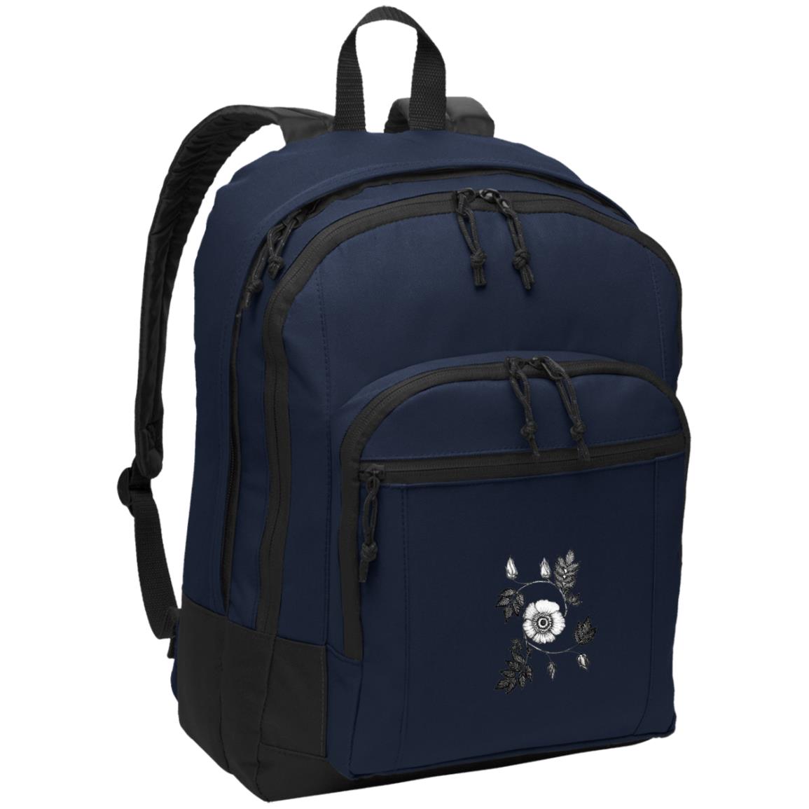 navy daypack with image of wild rose and padded shoulder straps